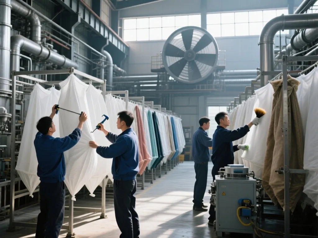 Workers maintaining and cleaning PTFE filter bags in an industrial facility.