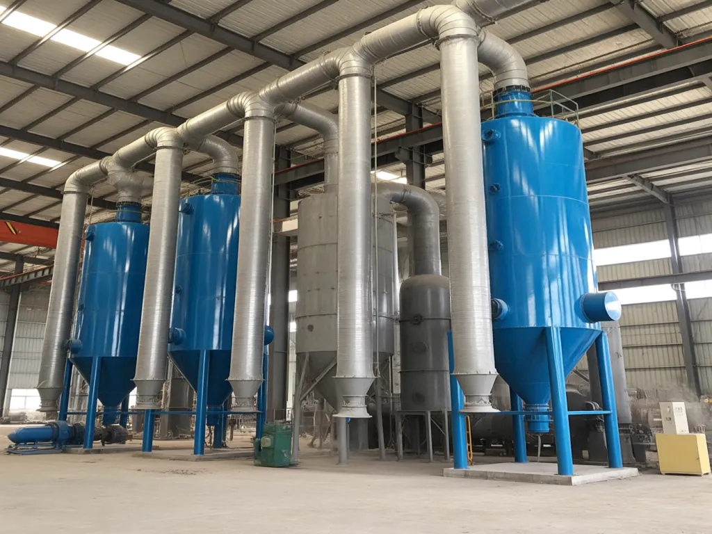 Large industrial dust collection systems in a factory.
