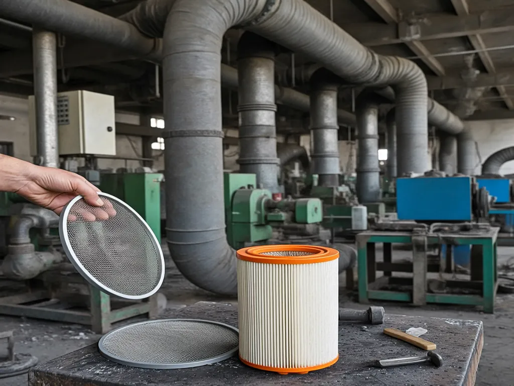 Hand inspecting a dust collector filter in an industrial setting.