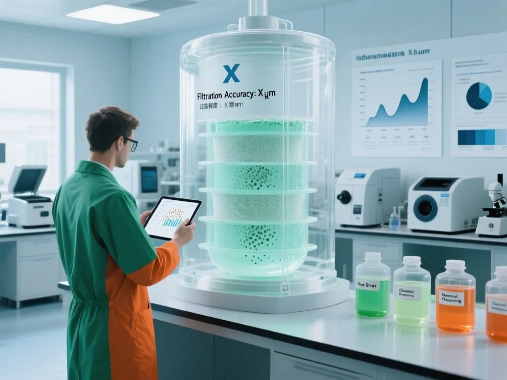 A scientist examining a liquid filter housing demonstrating filtration accuracy in a lab.