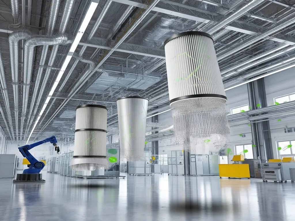 Multiple filter bag housings in an industrial facility with a robotic arm nearby