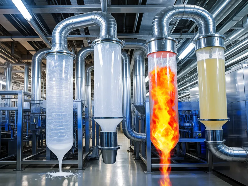 Industrial process showing filter sacks in action with different materials