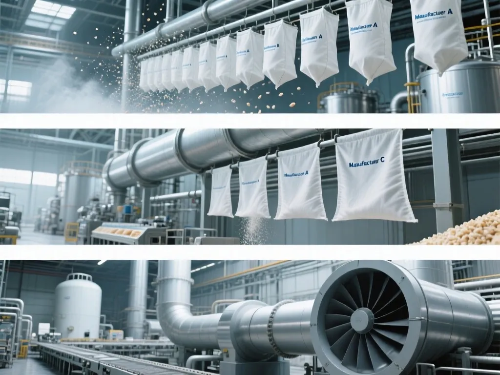 Multiple filter bags on production line in an industrial setting.
