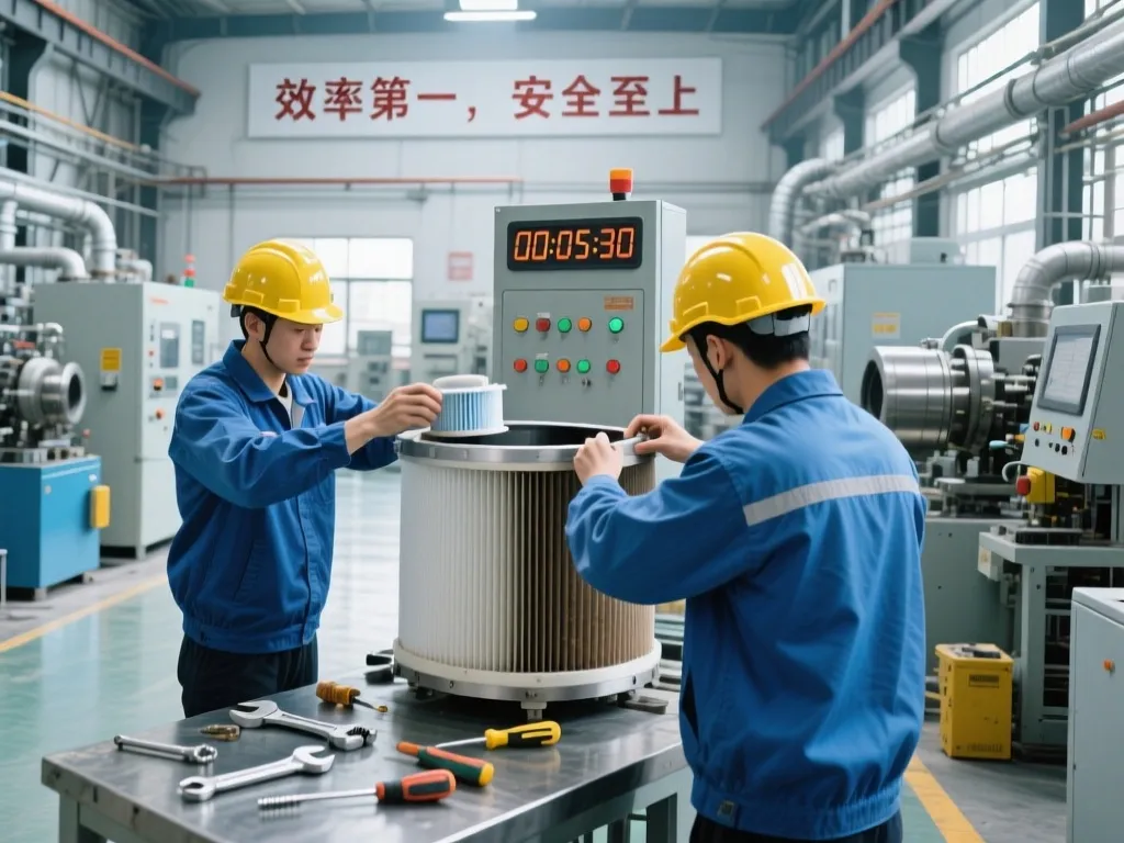 Workers replacing industrial filters quickly in a factory setting.