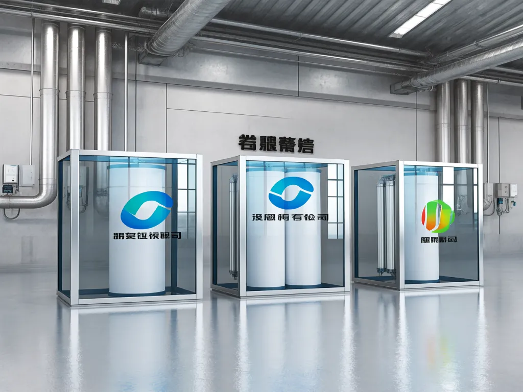 Display units showcasing industrial filtration bags with company logos in a factory.