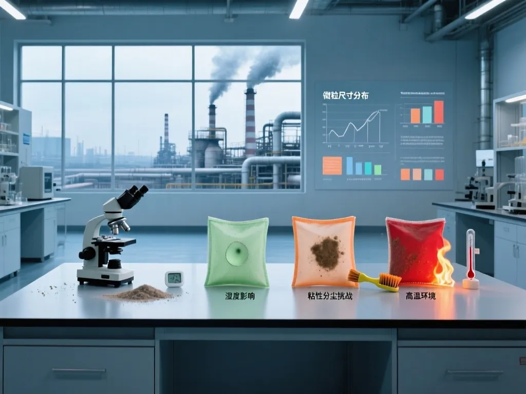 Filter bags under different test conditions: humidity, sticky dust, and high temperature.