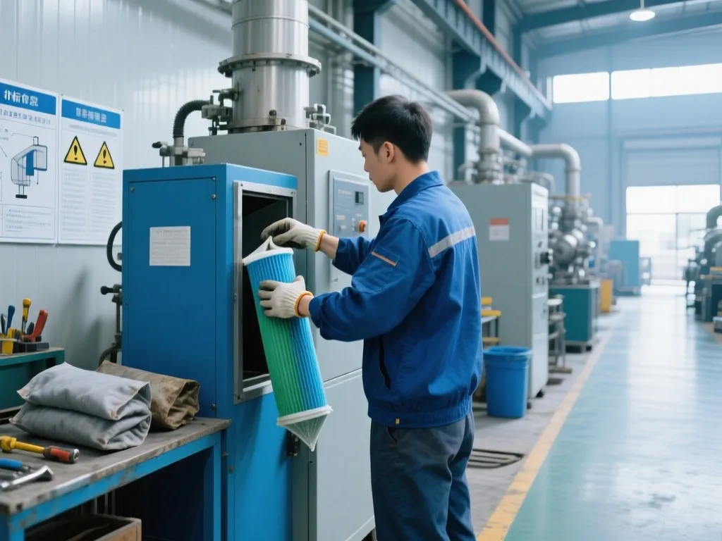 Worker replacing non standard filter bag in industrial machine.