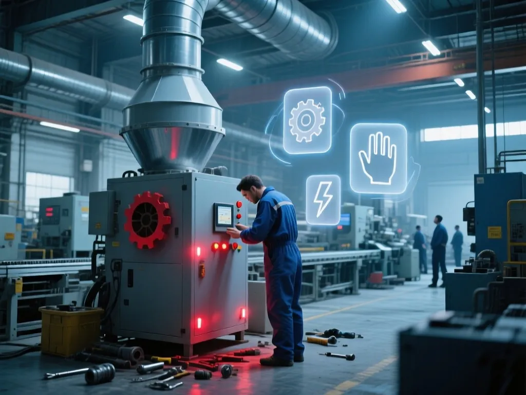 Technician performing maintenance on industrial dust collector equipment.