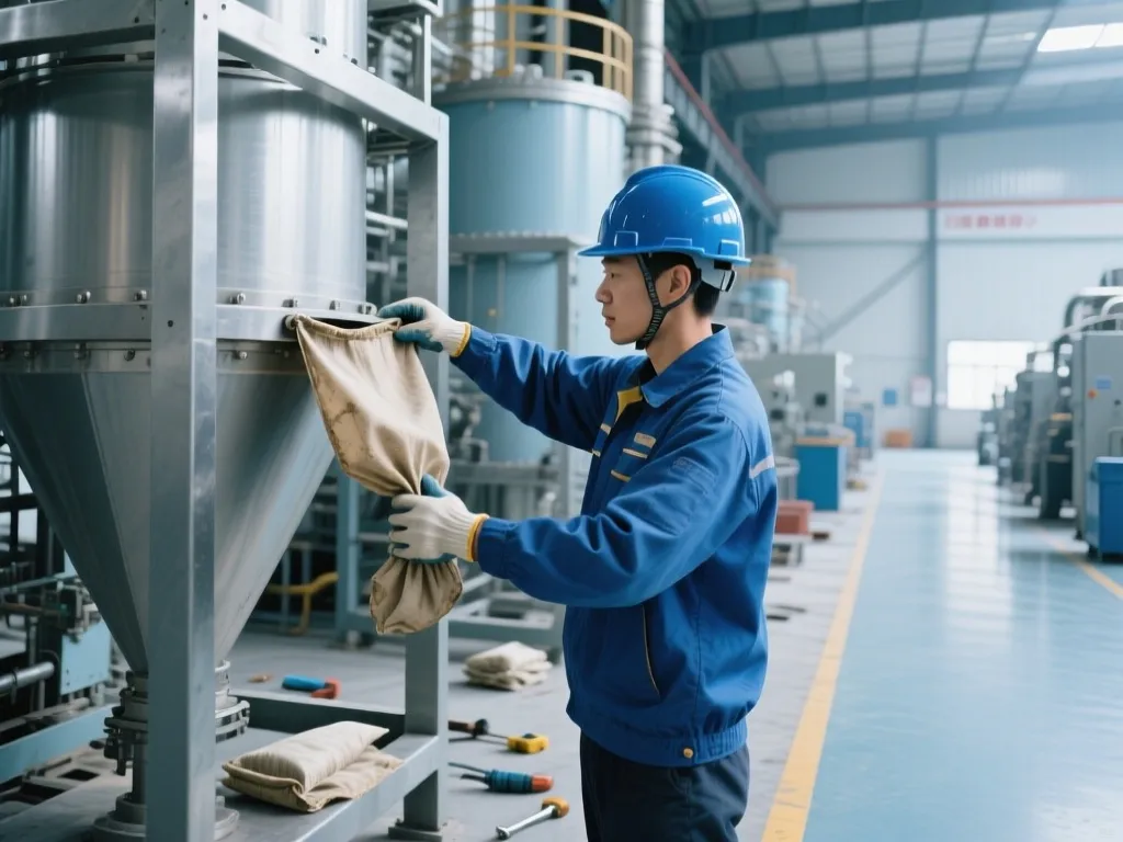 Worker replacing industrial filter bag in equipment