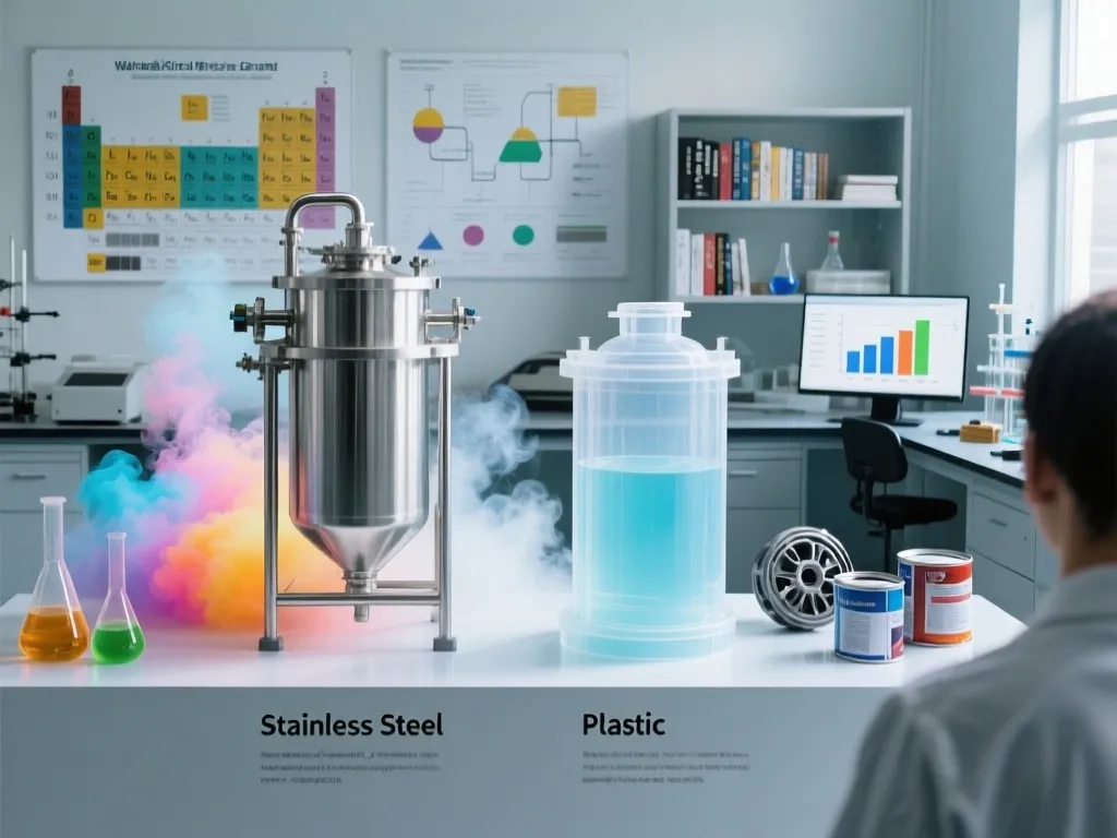 Comparison of stainless steel and plastic liquid filter housings with colored vapors in a lab.