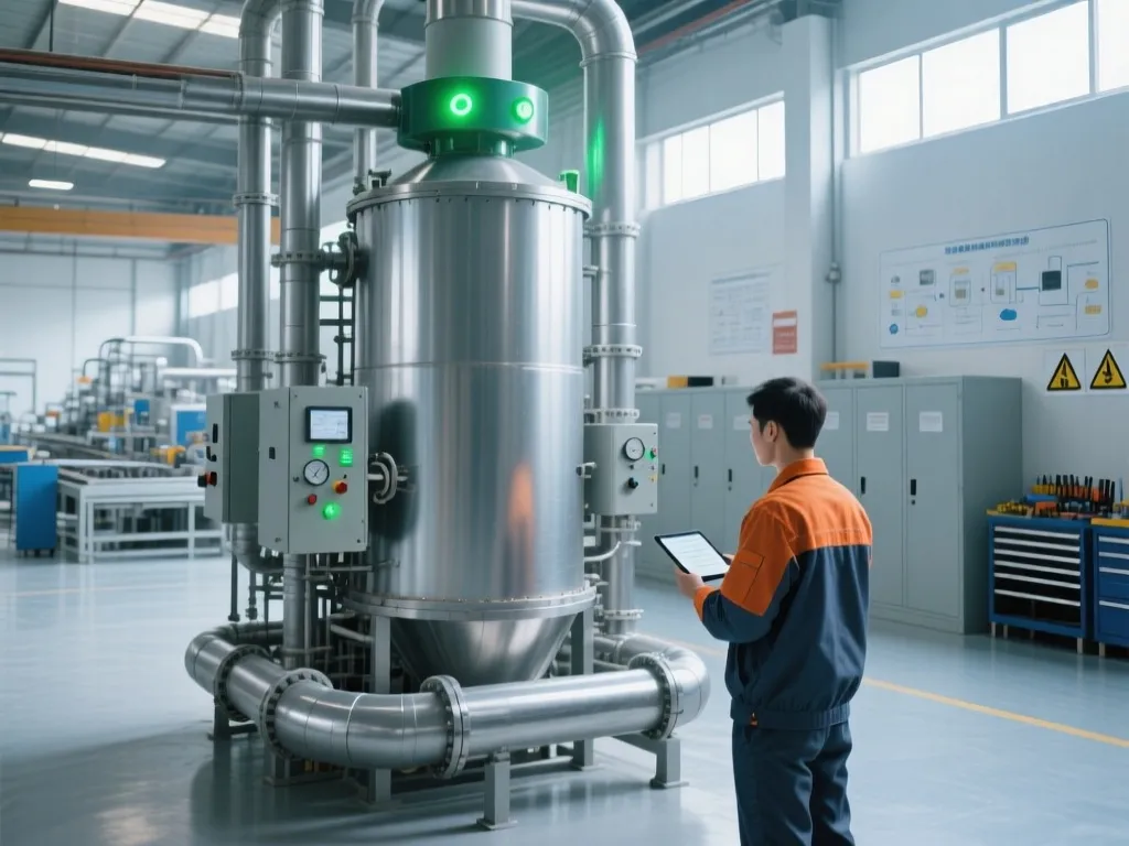 A man monitoring industrial dust filtration systems with digital displays showing optimization data.