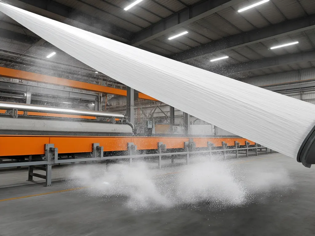 A filter bag being cleaned of cement dust in a factory