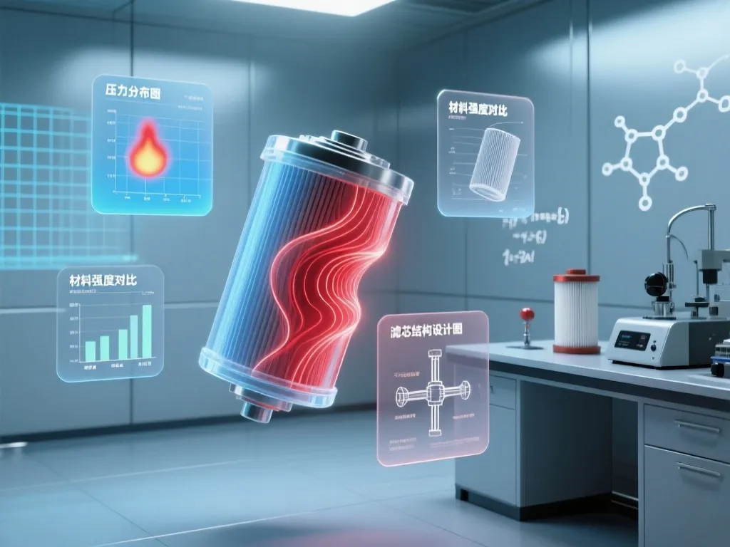 Stress analysis of a filter cartridge showing pressure distribution and material fatigue.
