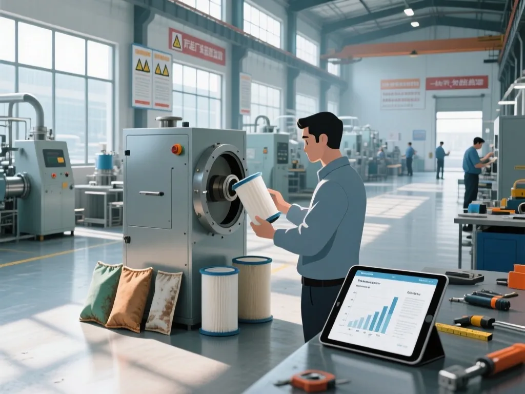 A factory worker checking a filter bag near machinery, representing quality control.