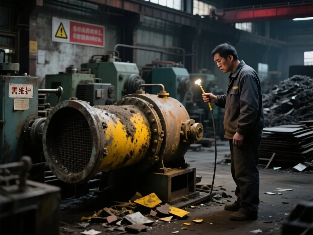 Worker inspecting an old industrial filter for replacement needs.