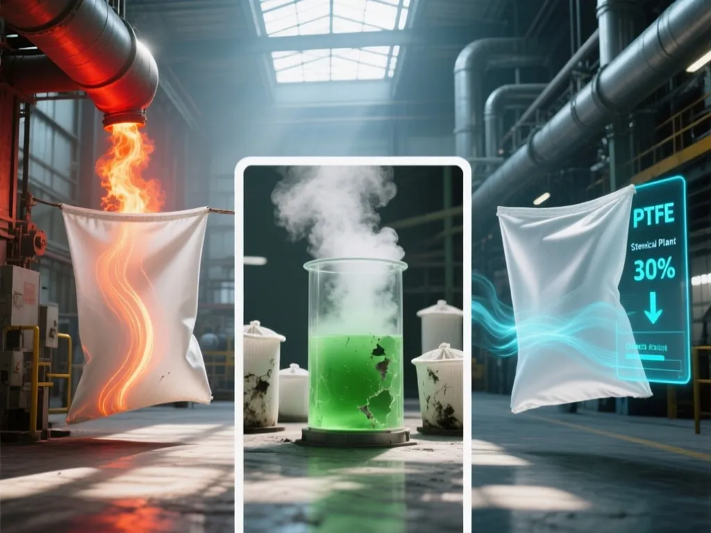 PTFE filter bag undergoing extreme conditions with fire and chemical exposure.