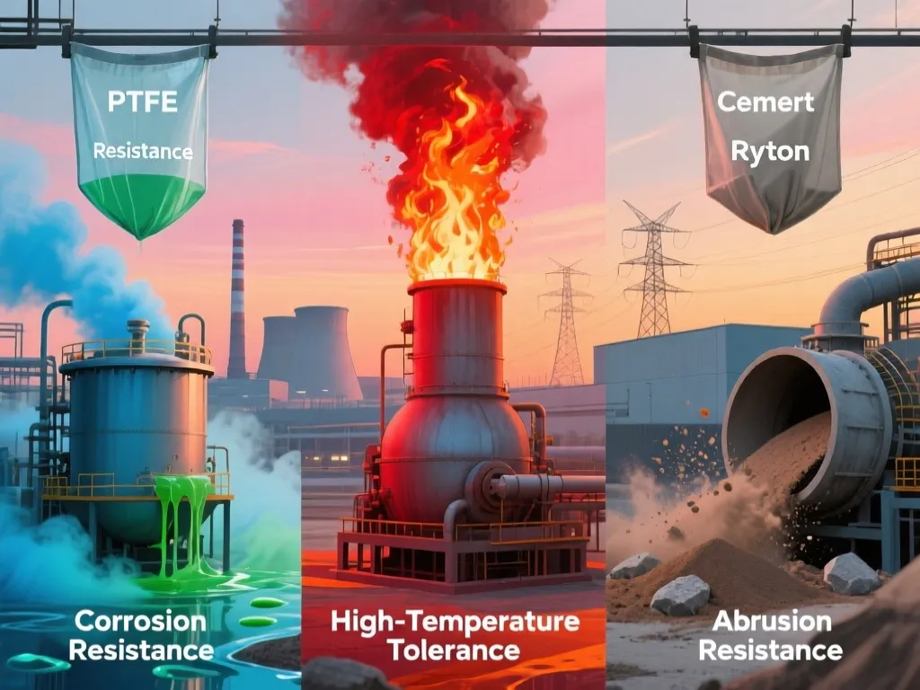 Baghouse filter bags showing features like PTFE resistance and high-temperature tolerance.