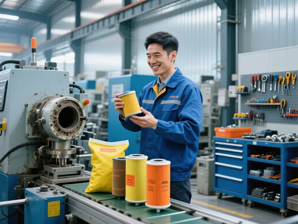 A worker choosing an industrial filter for emergency replacement.