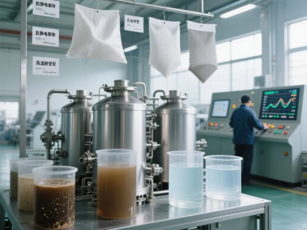 Polyester filter bags in a factory setting with testing equipment.