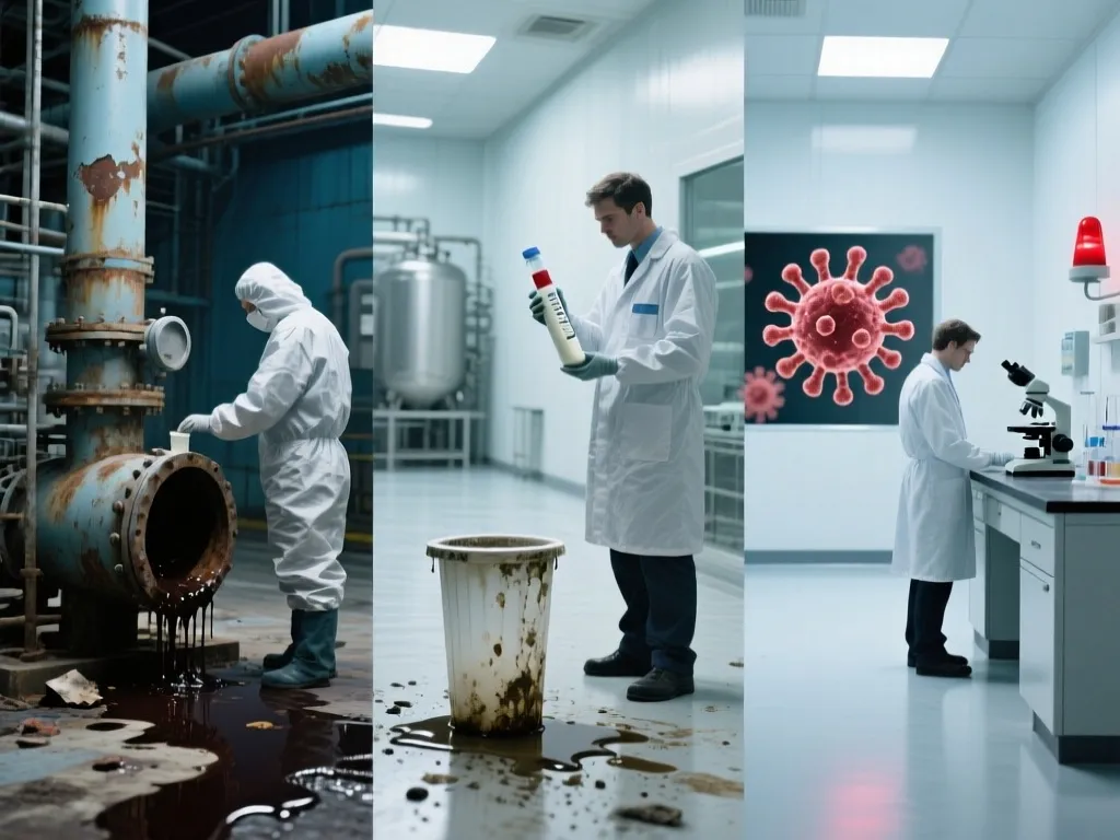 Scientists inspecting contaminated filters in laboratory and industrial settings.