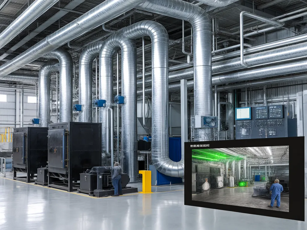 Industrial filtration equipment in operation within a factory environment.