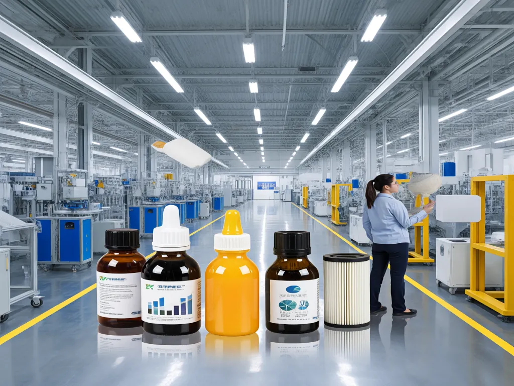 Factory production line with various filter sacks and components.