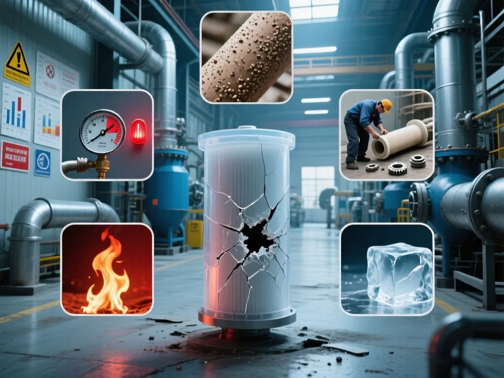 Damaged filter cartridge surrounded by causes like pressure imbalance, material fatigue, and improper installation.