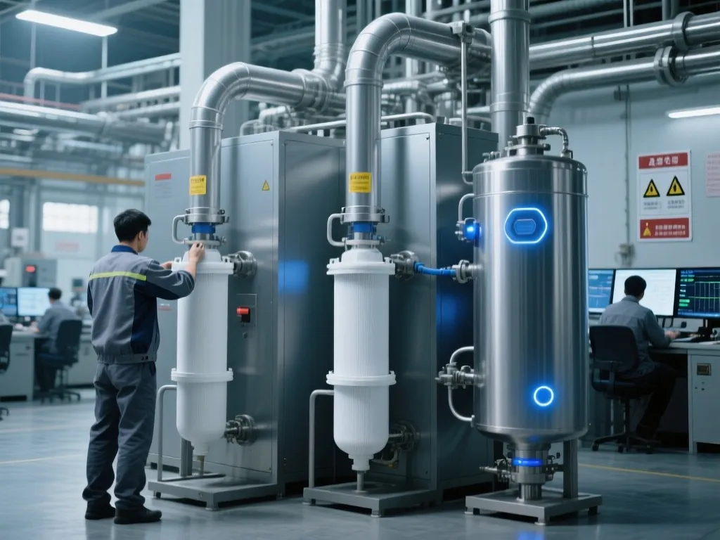 Advanced industrial filter equipment in a factory setting.