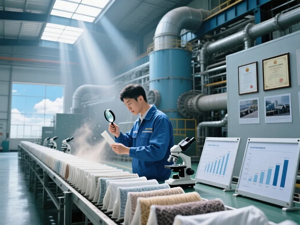 A worker inspecting industrial filter bags for dust collection.
