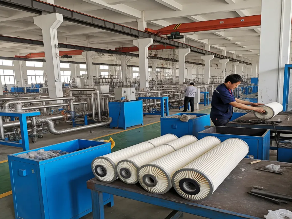 Workers replacing filter bags in a chemical processing plant to prevent failures.