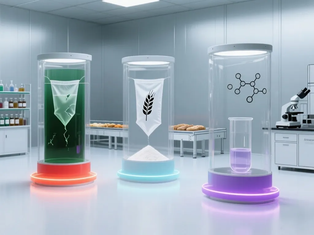 Display of filter bags used in different applications in a clean lab.