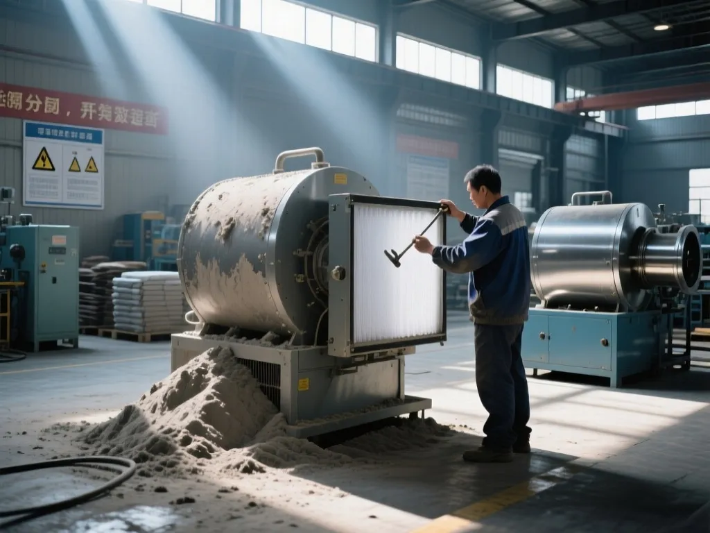 Technician installing a new dust filter on industrial equipment.