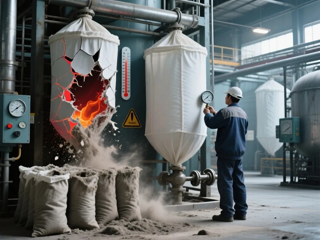 A filter bag bursts under pressure, demonstrating a failure scenario.