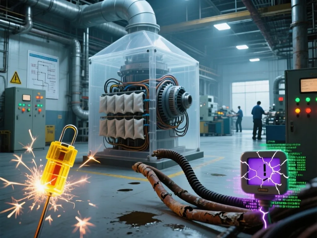Electrical fault in dust collector system highlighted by sparking component.