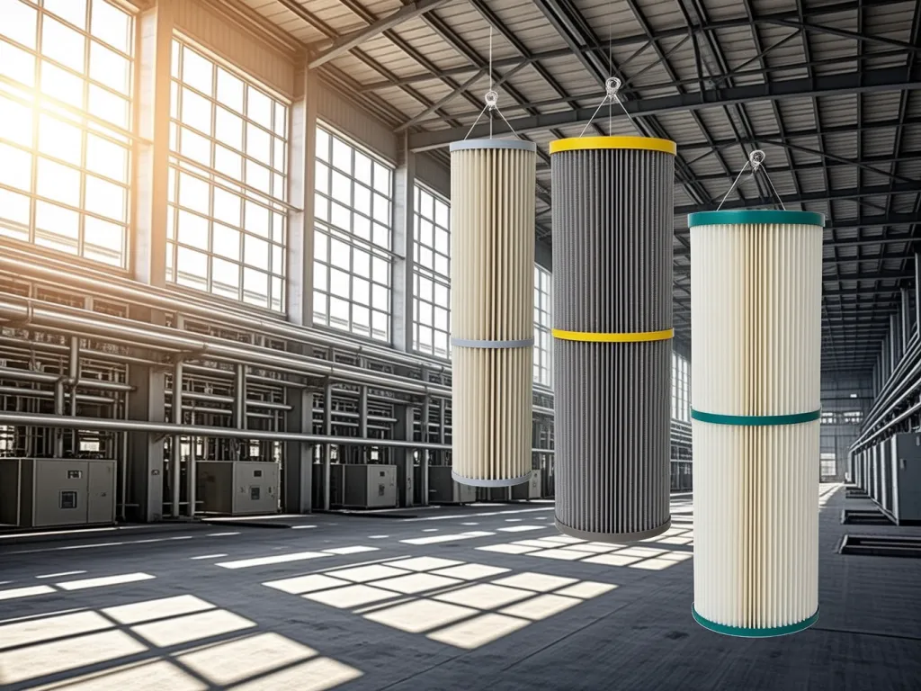 Filter bags hanging in a cement plant warehouse