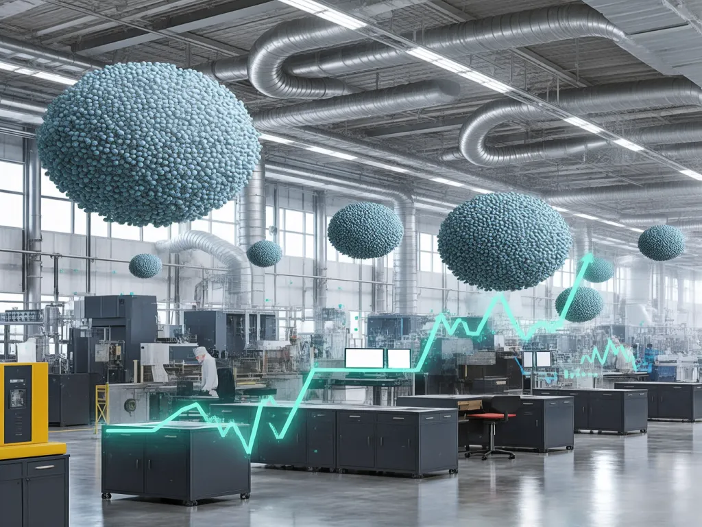 Industrial filter technology capturing particulate matter in a factory setting.