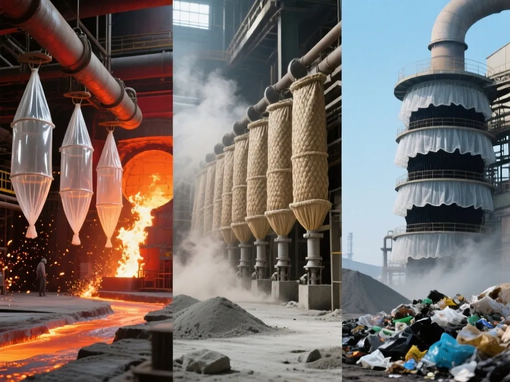 Multiple images showing fiberglass filter bags in various industrial applications, including filtering molten metal and dust collection.