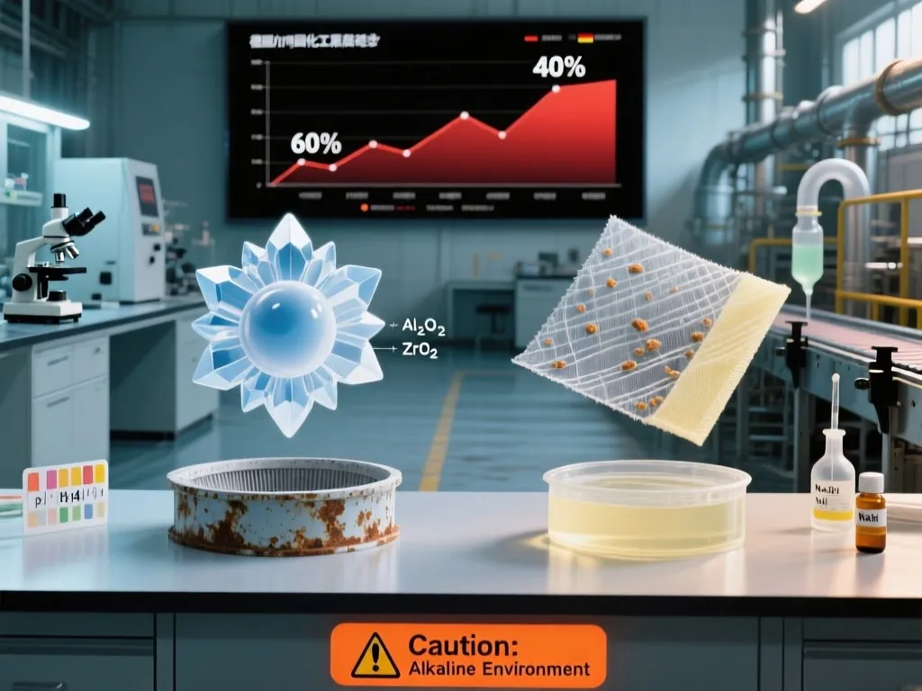 Alkaline resistant filter media with Al2O3 and ZrO2 shown in an industrial lab.