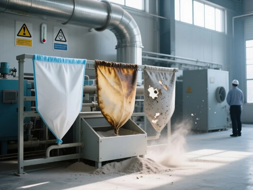 Damaged filter bags in an industrial environment, showing holes and wear.