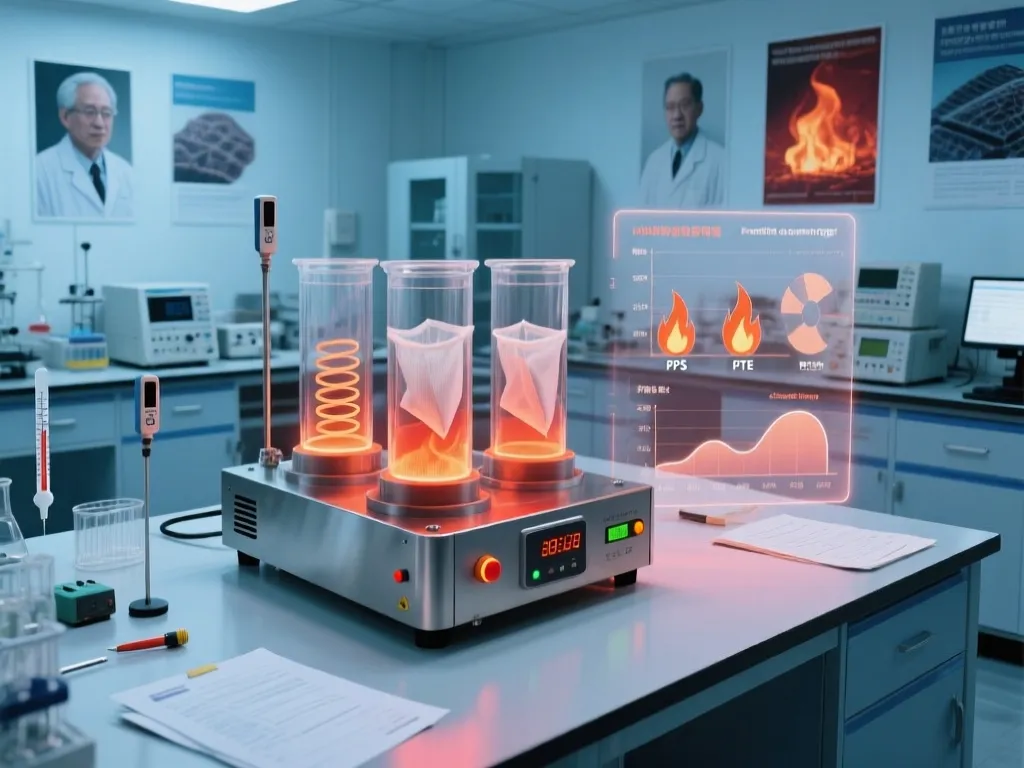 Machine testing heat resistance of filter bag materials with digital readout in lab.
