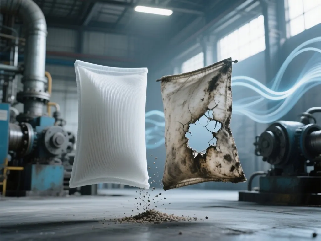 Torn filter bag releasing particles indicating reduced efficiency