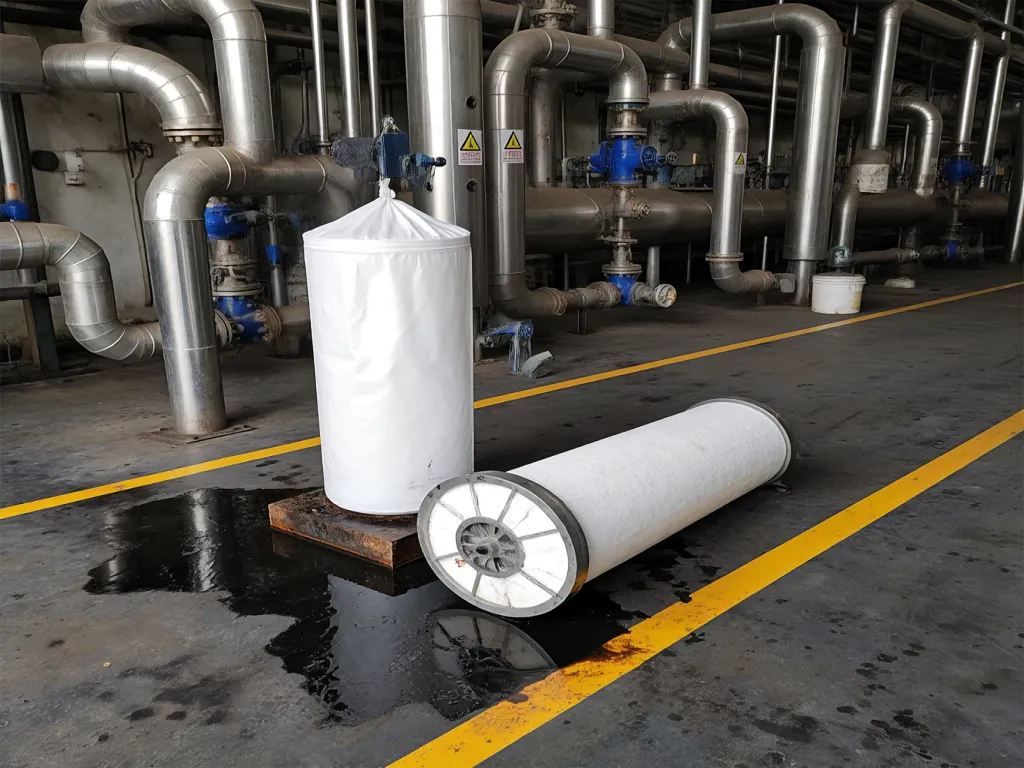 Failed filter bag leaking material in a chemical processing plant.