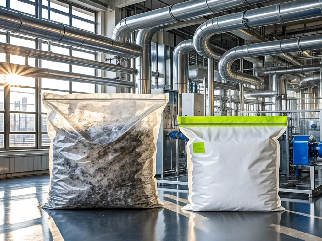 Raw materials in bags for filtration bags manufacturing in an industrial plant.