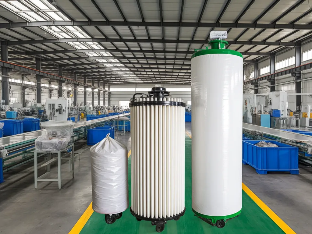Large capacity filter sacks and filter cartridges in factory