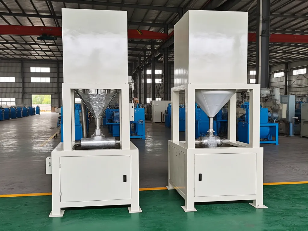 Two filter bag manufacturing machines in an industrial warehouse setting.