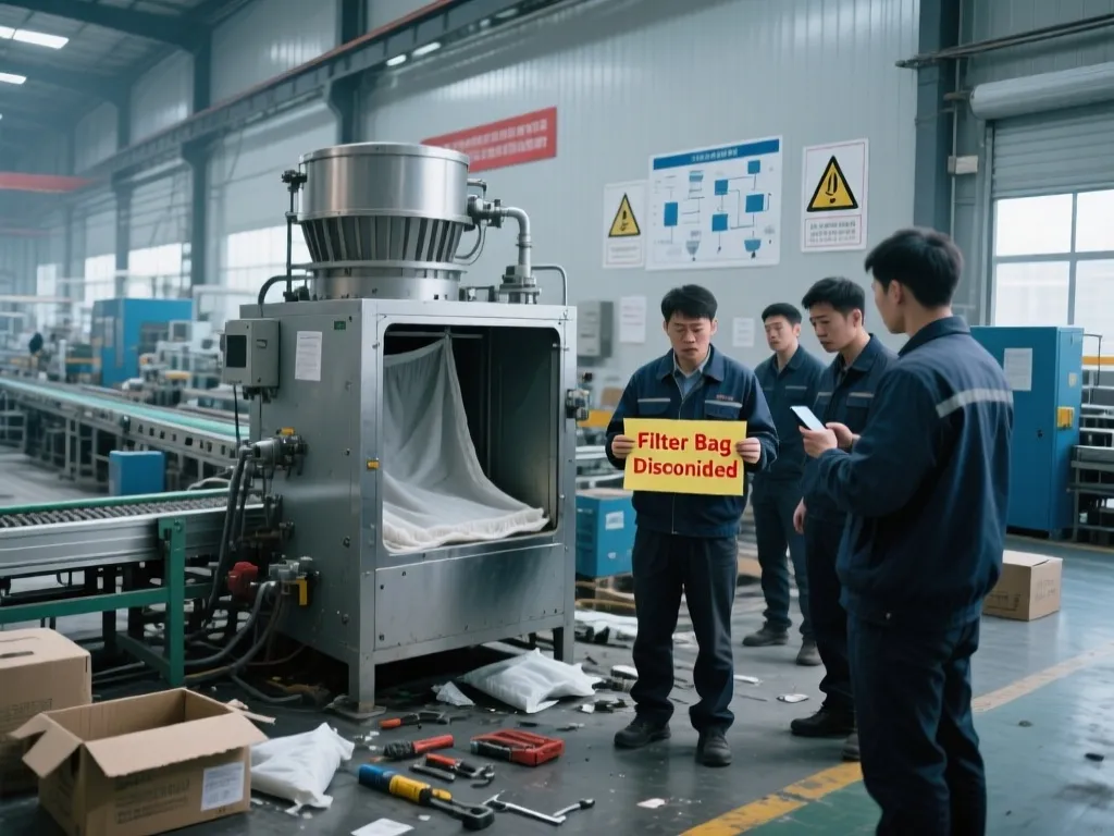 Workers in a factory facing discontinued filter bag notice, seeking solutions.