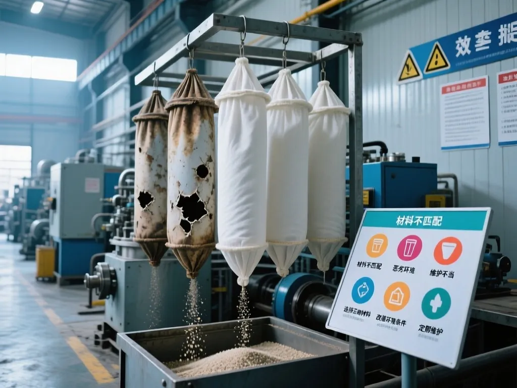 Industrial filter bags showing wear due to material mismatch and harsh conditions.