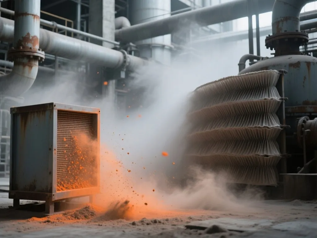 Dust filtration failure in industrial equipment causing dust spillage.