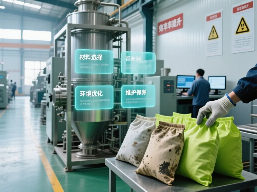 Industrial scene showing factors leading to frequent filter bag replacement.