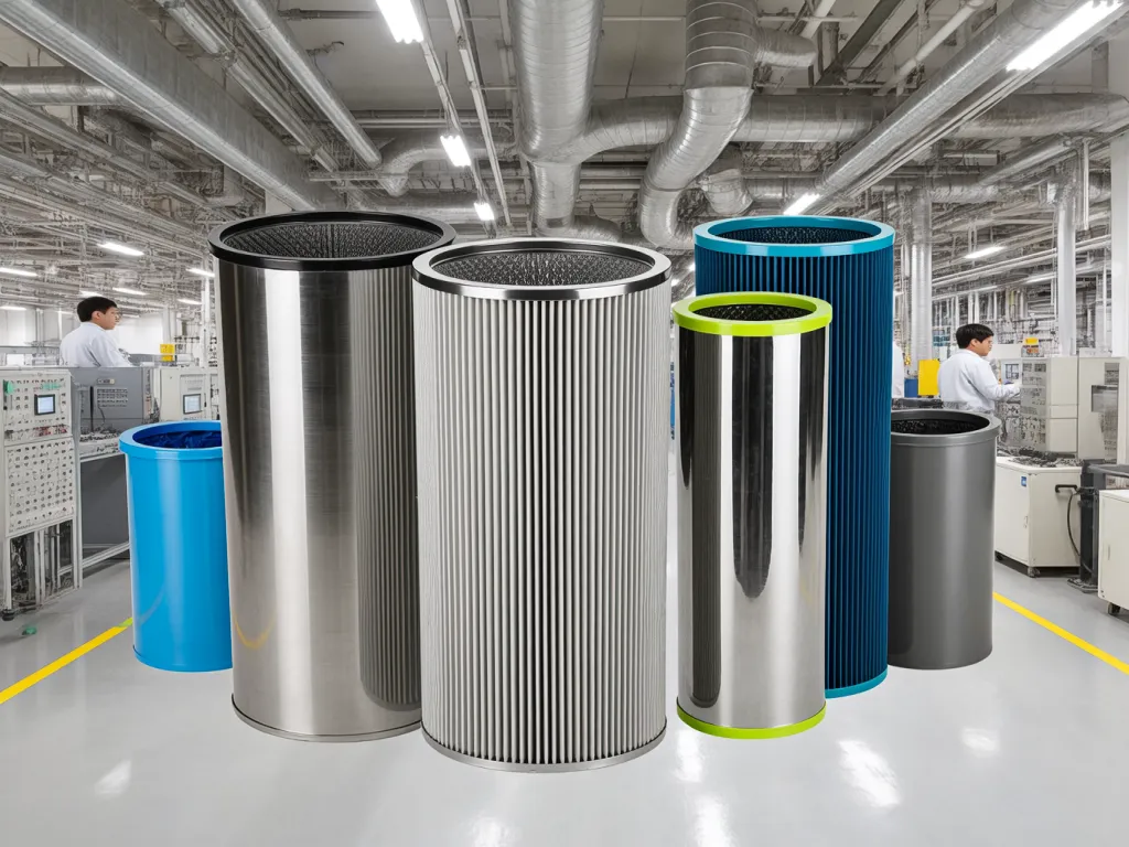 Different types of filter bag housings in an industrial setting with workers